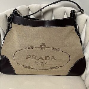 Authentic Prada Tan and Black Canvas Shoulder Bag